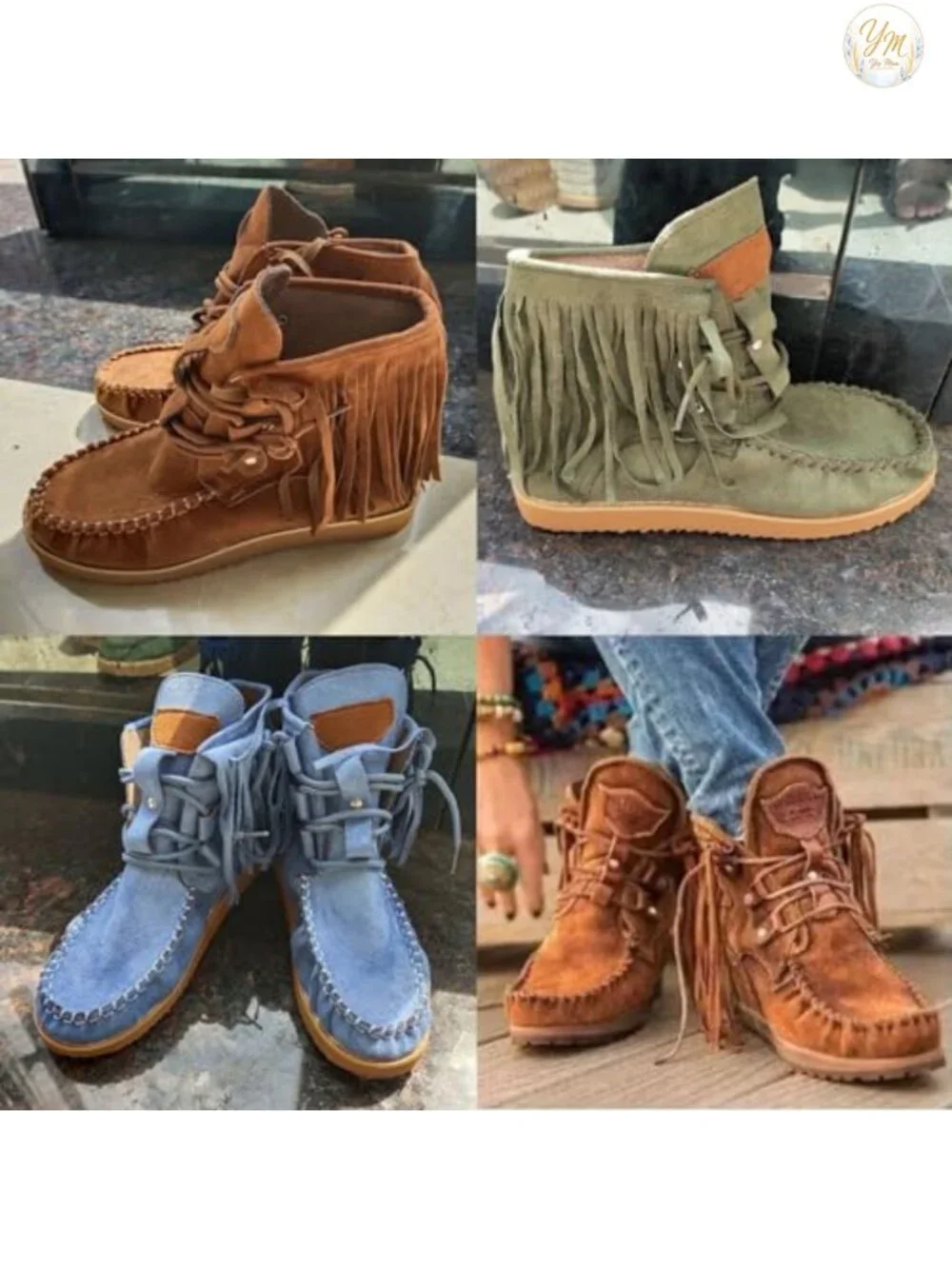 Women's Vintage Fringed Ankle Boots Faux Suede Comfy Round Toe Hippie Mocc